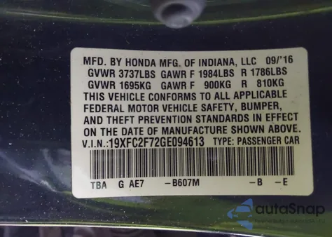 2016 Honda Civic Ex z USA, uszkodzony, nr VIN 19XFC2F72GE094613